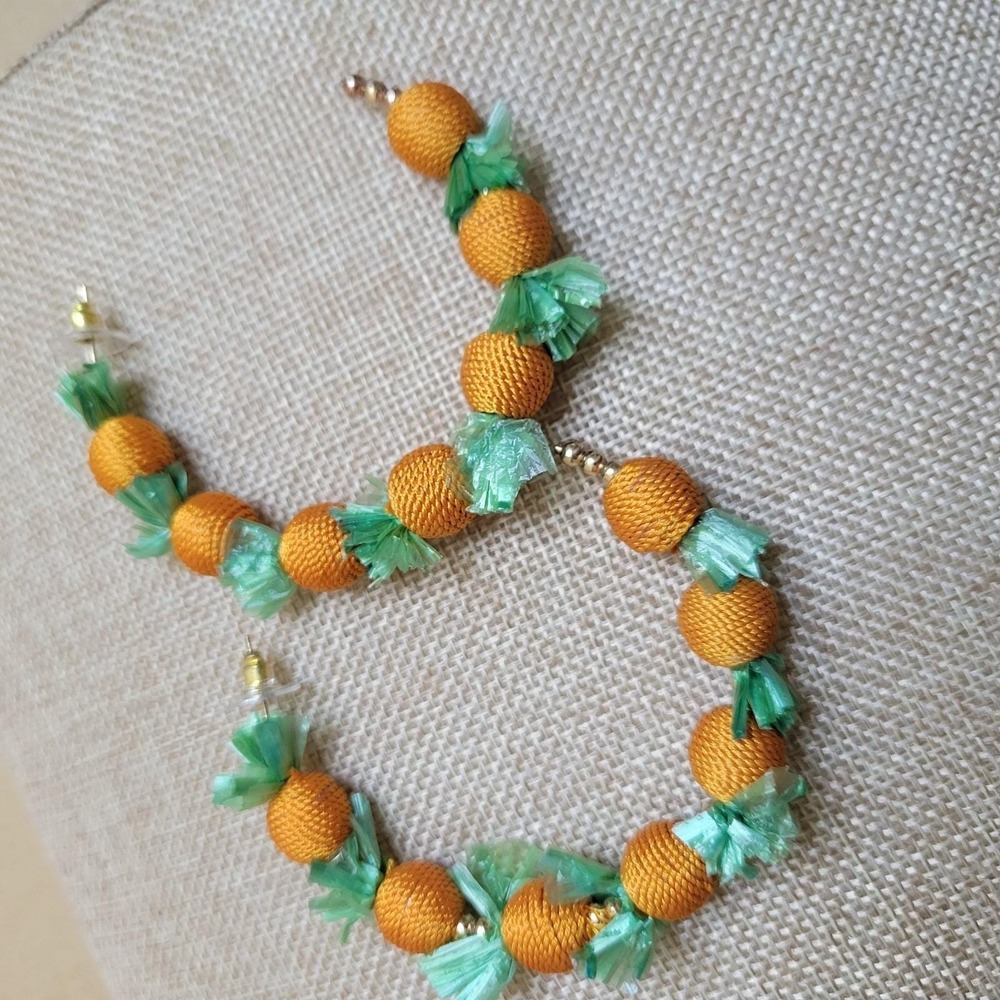 Kenneth Jay Lane KJL Orange Green Raffia Hoop Earrings 2.5" Cottagecore